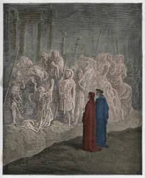 Purgatorio, Gesang 10: Die Marmorskulpturen, die Stolz darstellen, Illustration aus Die Göttliche Komödie von Dante Alighieri, 1885 (digital kolorierte Gravur)